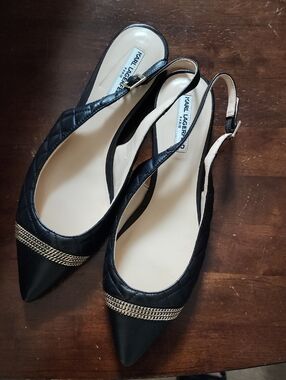 Karl Lagerfeld Black Quilted Slingback Pointed Flats with Gold Chain Trim